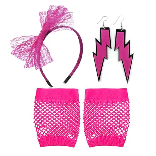 5 Pcs 80s Fancy Dress Costume Accessories, Laces Bow Headband, Pink Fishnet Gloves, Earrings, Elastic Women's Neon Lace Headbands, Lace Headband Earrings Fishnet for Women Gloves 80s Retro Party