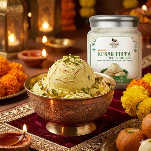 Image of Kamdhenu Gauveda Kesar Pista Ice Cream Mix Powder 150g - Instant Homemade Saffron Pistachio Ice Cream Premix | No Machine Needed | Eggless & Vegetarian | Makes 500ml+ Kulfi, Milkshake & Frozen Dessert