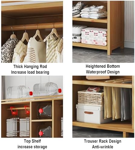 自立式フロアミラーコートラック、オープンワードローブ、竹製コートラック（洋服レールとカーテン付き）、寝室、廊下、リビングエリア用の棚