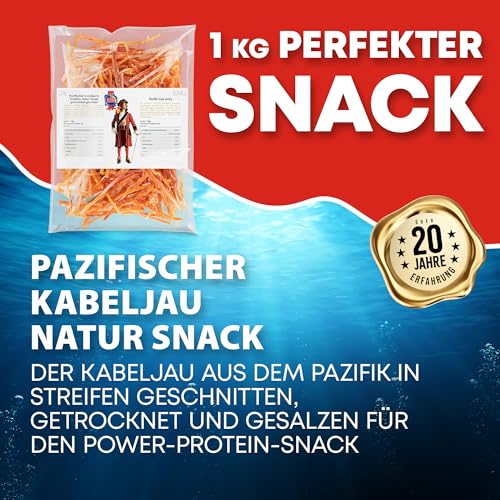 Pazifischer Kabeljau Original 1kg - Fisch Jerky I High Protein I Snack I Trockenfisch Omega 3 I Beef Jerky, Trockenfleisch & Chips Alternative