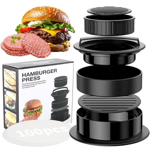 Presse à Hamburger, Presse à Viande Hachée, Avec 100 Feuilles de Papier Antiadhésif，Ustensile de Cuisine pour Réaliser Hamburgers, Sandwichs, des Galettes et des...