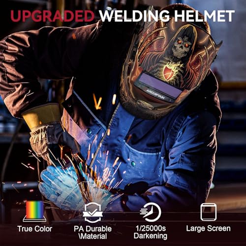 Image of ARCCAPTAIN Welding Helmet Auto Darkening, 1 /1 /1 /1 True Color Welding Hood, 4 Arc Sensor 1 /25000s Response Time Solar Powered Weld Hood Helmet, Death Skeleton