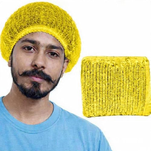 Image of KAUSTA Disposable Bouffant caps /Surgical Caps /Cooking Caps /Surgical Head Caps /Non Woven Head Caps, Pack Of 100pcs (18 inch) Medical Use Disposable Bouffant Caps Stretchable Hair Cover / Hair Net (Yellow)