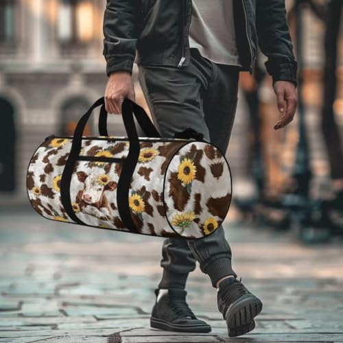 Boatee Cow Sunflower Womens Travel Bag Large Duffle Bag Portable Luggage Bag Lightweight Gym Bag Casual Duffel Handbag with Zipper Closure Stylish Weekender Hand Bag Holdall Purse for Sport Brown4