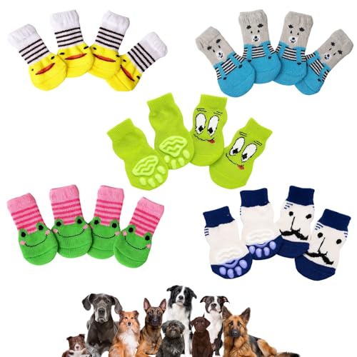 DqiUnaX Hundesocken Anti Rutsch, 5 Paar Pfotenschutz Mit Niedlichen Designs, Anti-Rutsch Socken Für Kleine Hunde, Indoor Schutz Bei Kälte Und Glatten Böden, Größe M 7,5 * 3 cm