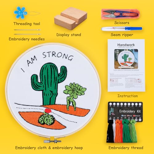 Image of BERYA Funny Cactus Embroidery Kit with Embroidery Hoop, Easy Embroidery Kit for Beginners, Include Instructions, Display Stand, Printed Cloth, Threads and Tools - with Video Tutorials (BEC004)