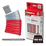 Facile à installer : ces fixations murales ont un design simple et facile à utiliser en 6 étapes pour votre commodité. Tout ce dont vous avez besoin pour installer ces vis pour plaques de plâtre est un tournevis, un marteau et une perceuse, offrant une installation facile. Percez votre trou à la profondeur requise de 100 mm à l'aide d'un foret de maçonnerie de 10 mm. Soufflez soigneusement la poussière et les débris hors du trou. Tapotez doucement le bouchon dans le trou, puis tapotez doucement le noyau dans le Ensuite, il suffit de visser la fixation au mur avec notre vis corefix.