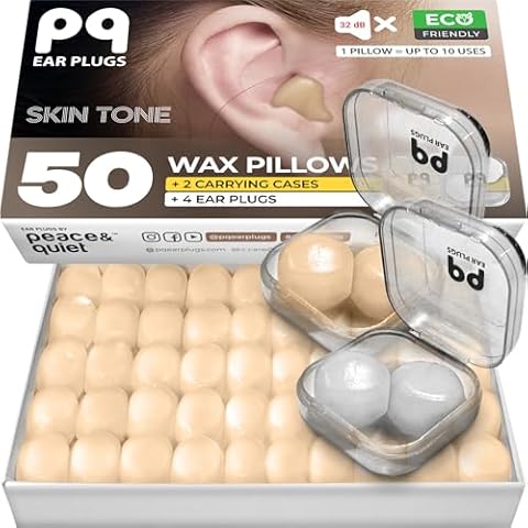 Peace&Quiet Wax Ear Plugs for Sleeping, Swimming - 50 Noise Cancelling Silicone Gel Wax Earplugs for Sleep and Swimmers, Sound Blocking 32Db, (50-Pillows), Color: Skin Tone Cover