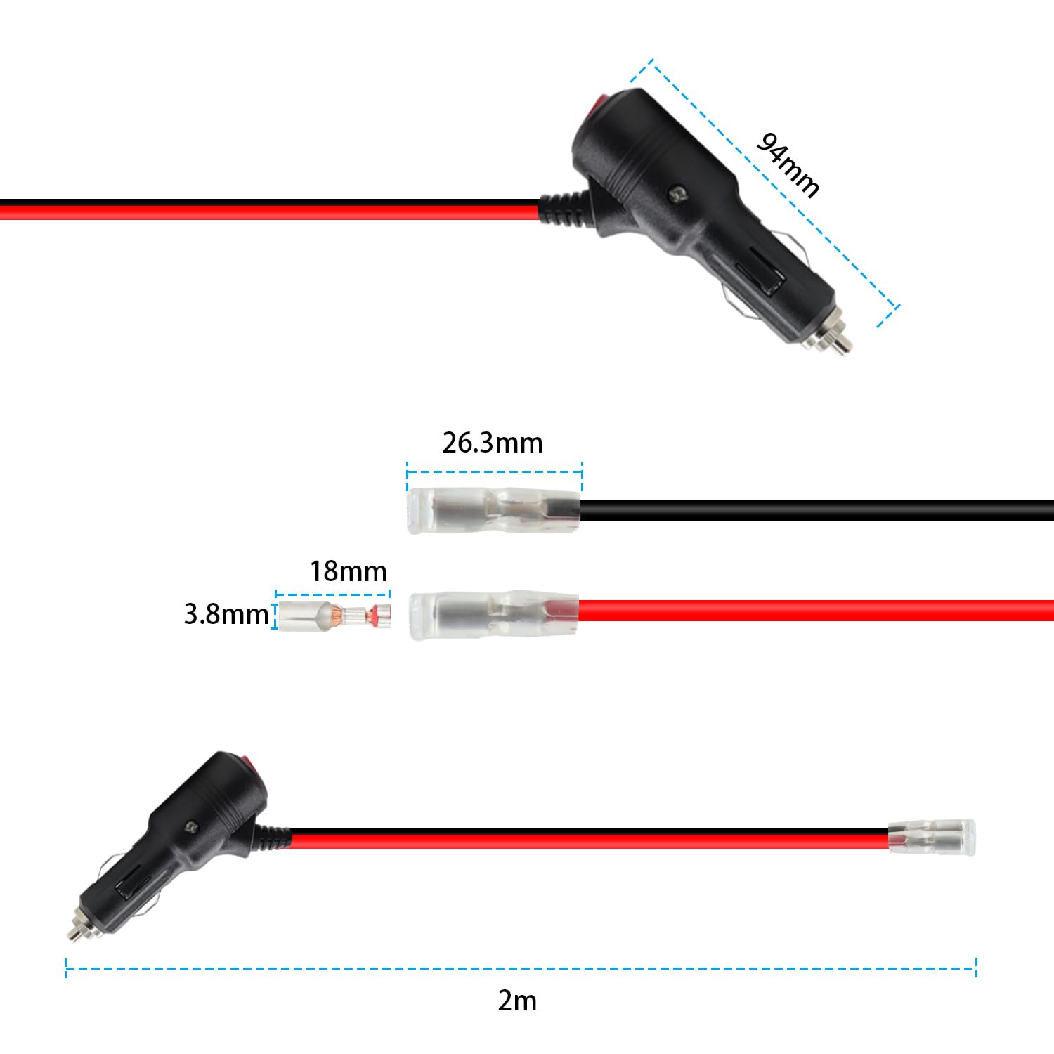 RIIEYOCA 12V 24V Adattatore Spina Accendisigari, 16AWG Resistente 15A Accendisigari Auto Maschio a Cavi con Interruttore Cavo di Alimentazione Sostituzione per Auto, Barche. (0,6m / 2ft