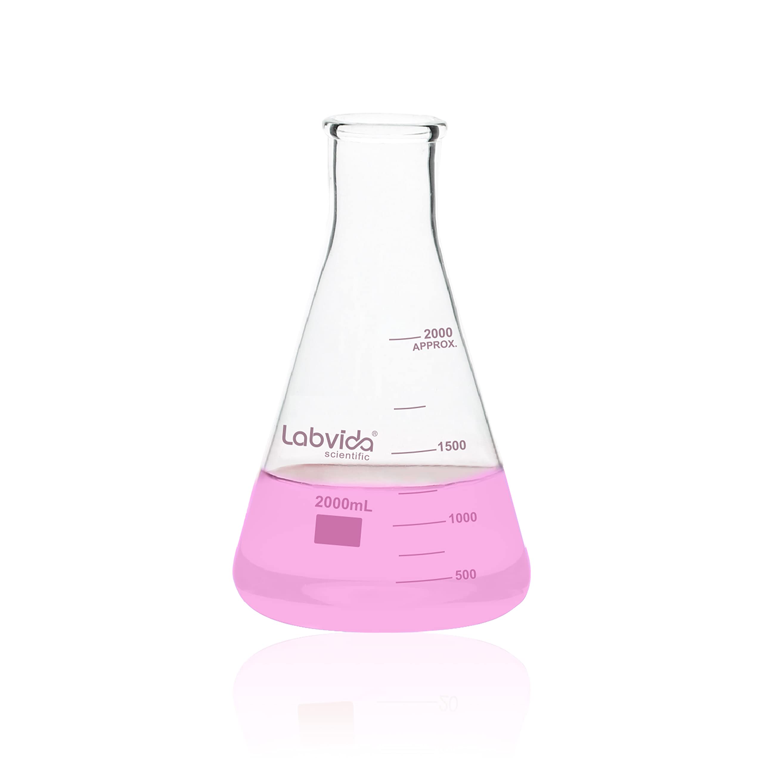 Frascos Erlenmeyer de vidrio de boca estrecha, Vol.2000ml, 3.3 Borocilicato con graduación impresa, LVC010