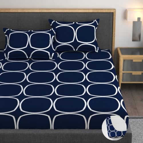 Image of Vaini Premium Heavy Cotton Elastic Fitted Bedsheets with 2 King Size Pillow Covers || Double Bed with All Around Elastic 350 (Blue Round, 72x72 Inch King Fitted)