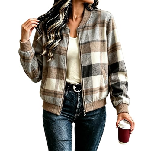 JiXiang Plaid Jacket Women Long Sleeve Stand Collar Baggy Outwear Casual Zip Up Lightweight Fall Winter Trendy Bomber Shacket - image 2