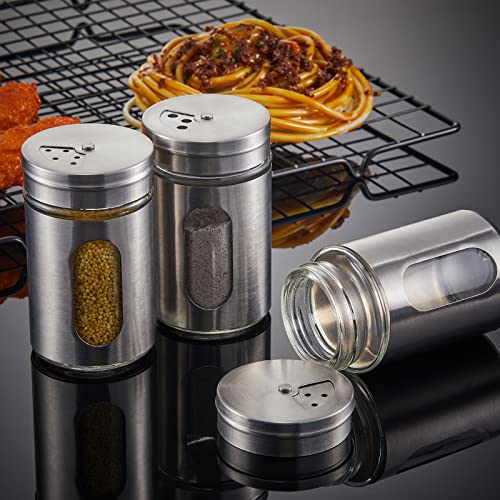 Dandat 24 Pcs Salt and Pepper Shakers Stainless Steel Spice Shakers with Adjustable Pour Holes and Glass Window 3.4oz Salt Dispenser Spice Jars with Rotating Lids for Sugar Seasoning Home