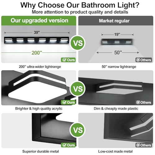 Image of Torondo 360 Rotate LED Bathroom Vanity Light Fixtures, Acrylic Vanity Lights for Bathroom, Modern Wall Lighting Fixtures Over Mirror Living, Matte Black, Natural White, 6-Light, 39-Inch