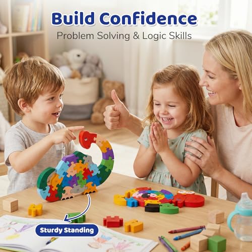 Image of LovesTown Wooden Puzzles, Snail & Dinosaur, Double-Sideld