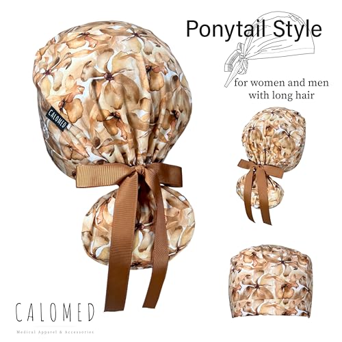 Image of Scrub Cap for Women and Men, Ponytail Scrub Caps, Working Hat, Head Cover with Ribbon Ties and Buttons, Long Hair