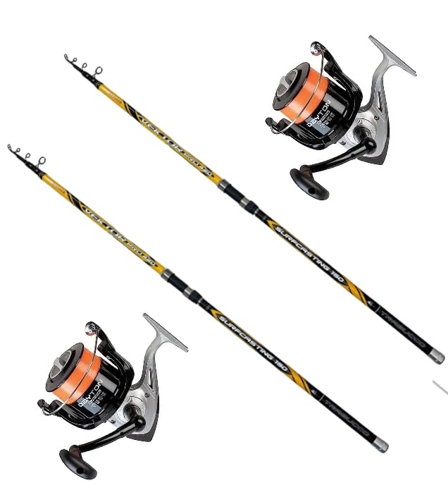 MGFISHING Kit Combo Surfcasting 2 cannes trajet VEKTOR 4,20 m 150 g PRO SURF + 2 moulinets de trajet DAYTON 8000