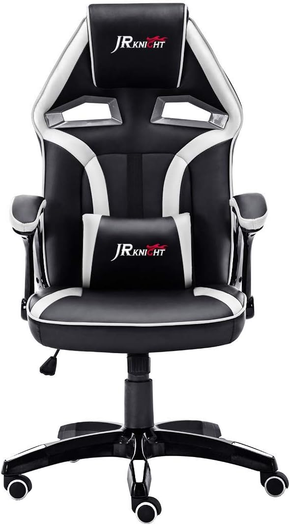 JR Knight Ergonomic Gaming Chair Home Office Computer Desk Chair with Lumbar Support and Padded Armrests Designed for Young Generation, Leather Exclusive Swivel Chair(Black&White)