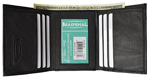 Leather Men Tri Fold Wallet with (6) Credit Card Slots and inside window ID Black by Marshal®