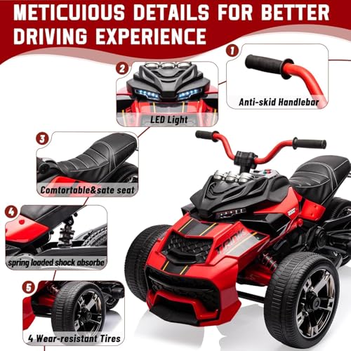 Hetoy Kids Electric Ride on Truck Car Remote Control, 7MPH, 2 Speeds, 2x55W Motor, LED Lights, Music, USB & EVA Tires, 12V 3 Wheel Battery Powered Toy Vehicle for Toddlers, Gift for Boy Girl