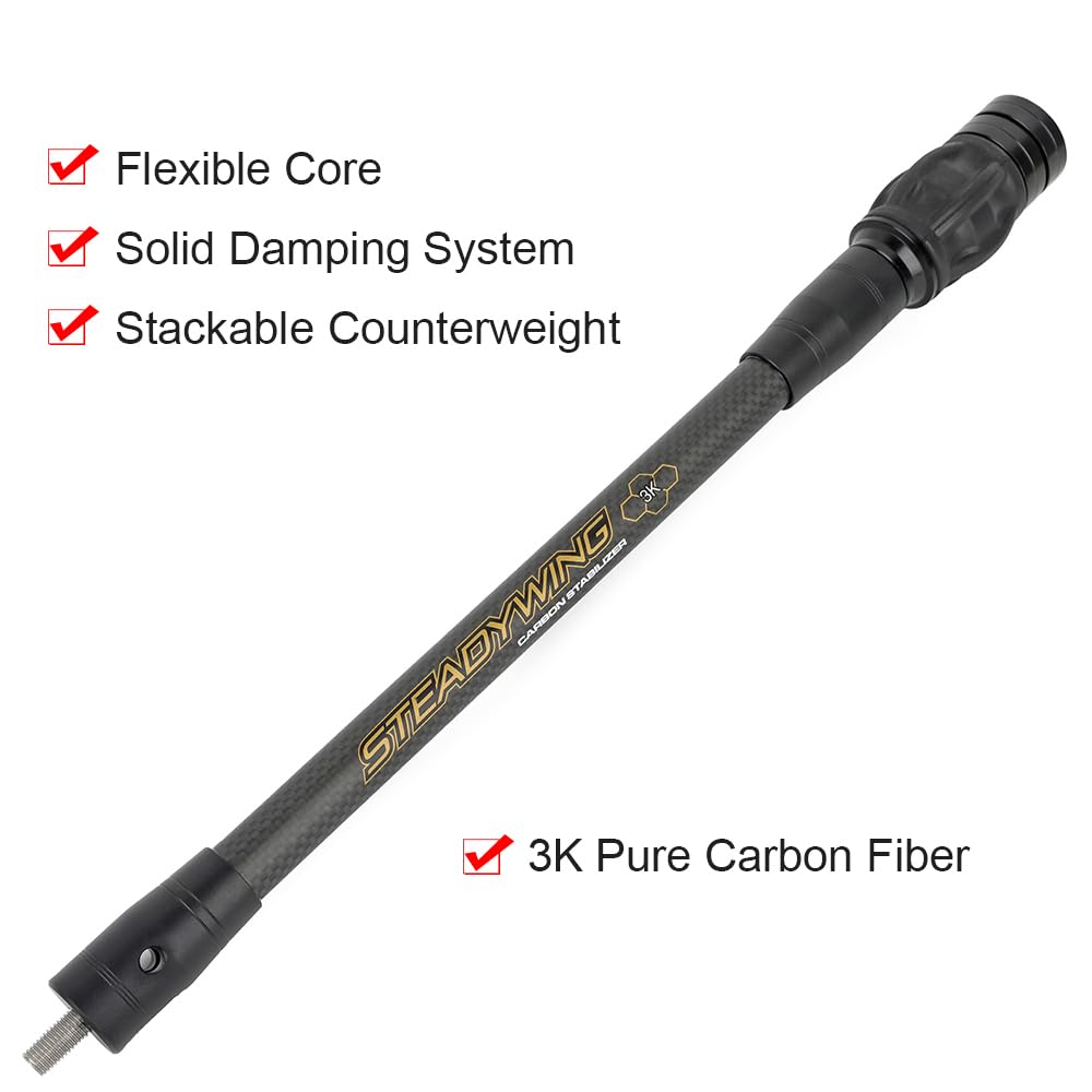 SHARROW Stabilisateur d'arc en Carbone pour Arc à Poulies, Noyau Flexible avec Système d'amortissement et Kit de Poids, Barre d'équilibre 6" 8" 10" 12" Tige Absorbeur de Chocs