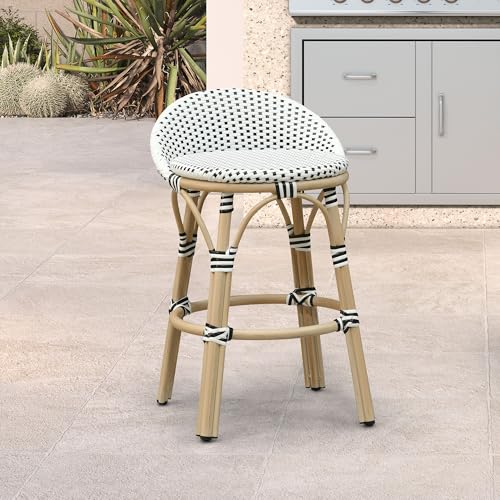 Image of PURPLE LEAF Patio Oversized Backrest Counter Height Stool Set of 1 Outdoor Round Barstools Aluminum Frame in Champagne Finish Woven Rattan for Indoor Kitchen Dining Bistros Cafe Restaurant White