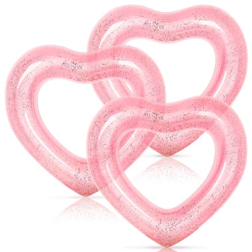 Whaline 3Pcs Inflatable Heart Pool Float with Glitter Inside Rose Gold Swim Heart Shaped Pool Rings Float Loungers Tube for Summer Swimming Pool Beach Bachelorette Party 47.3 x 39.4 Inch
