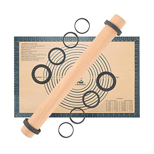 SUPER KITCHEN Mattarello in Legno Con 5 Dischi Regolabili Anello e Antiaderente Tappetino da Forno 60x40cm, Stuoia di Rolling della Pasticceria del Silicone, Spianatoia per Impastare (Grigio)