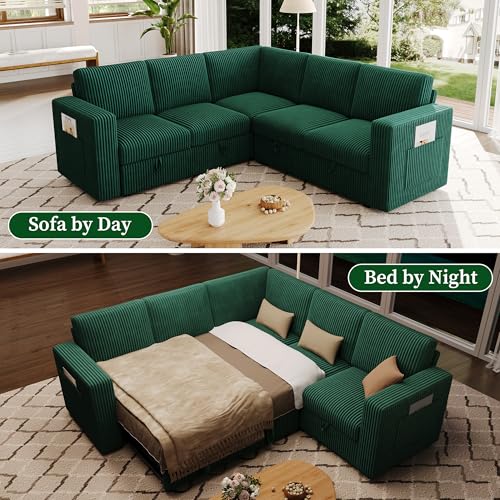Image of 83.5 inch Corduroy Sectional Sleeper Sofa, Pull Out Couch with Storage, Green