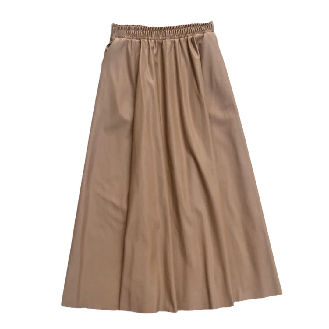 Faldas largas de Piel sintética para Mujer, con Bolsillos, Cintura elástica, Corte en A, Falda Acampanada (Beige, Talla única)