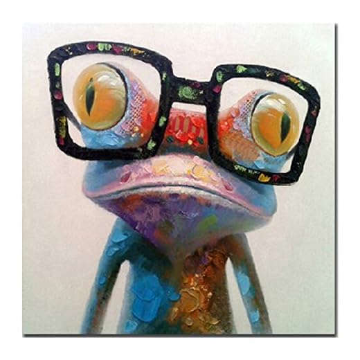 Fokenzary - Pintura al óleo hecha a mano, diseño de rana con gafas sobre lienzo estirado y enmarcado, listo para colgar, lona, 24x24in