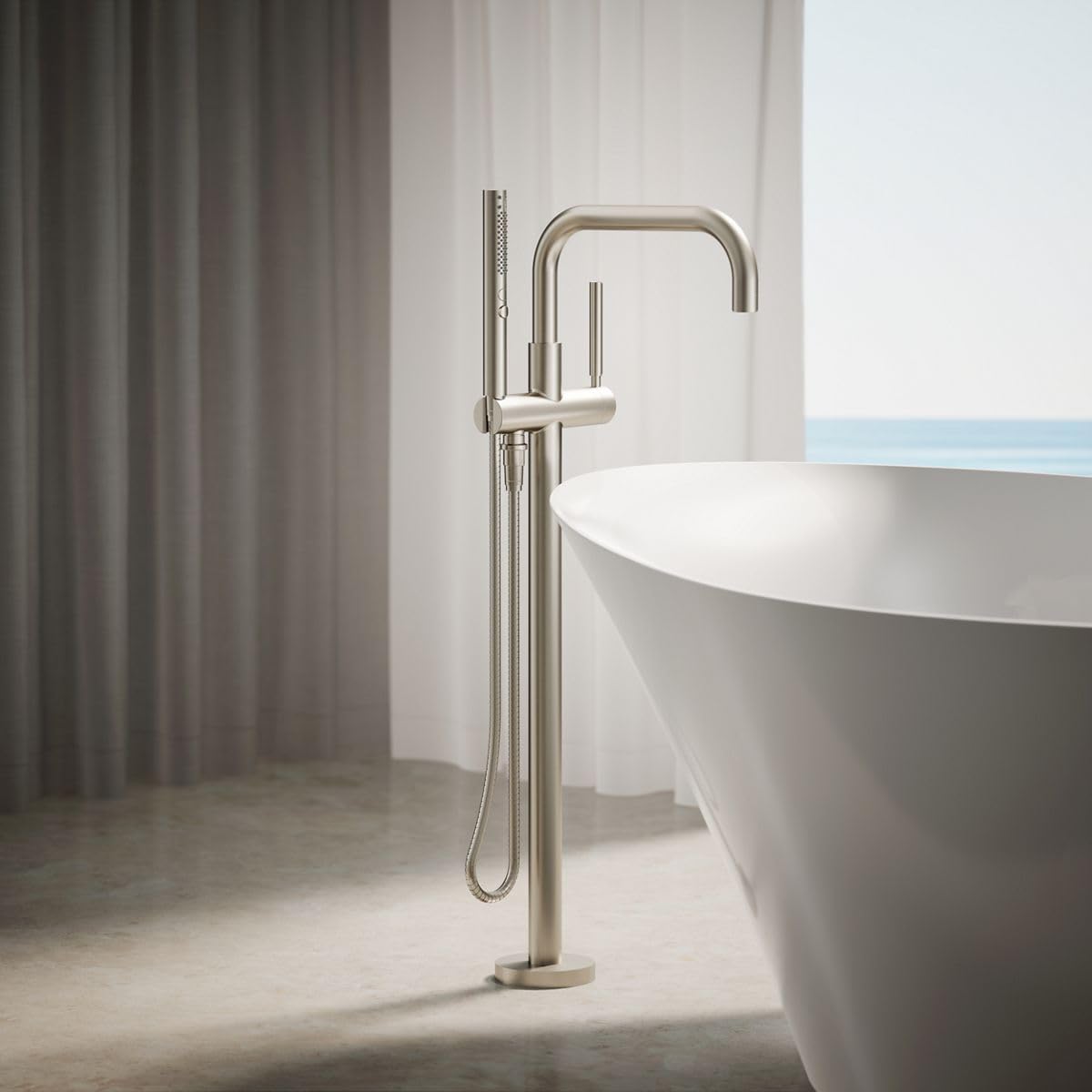 KOHLER K-T97328-4-BN Purist Floor-Mount Bath Filler with Handshower, Brushed Nickel