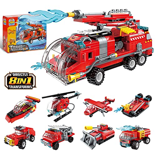 QLT City Fire Truck Building Kit für Kinder von 6–12 Jahren, kompatibel mit Lego City Fire Truck 8-in-1- Klemmbausteine Baustein, Helicopter Toys Building Sets.(313 PCS)