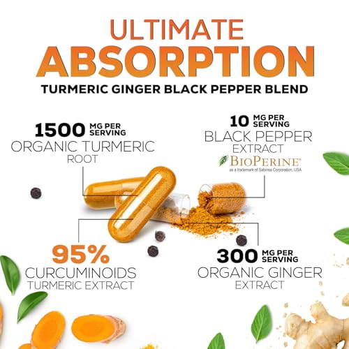 Image of Turmeric Curcumin Supplement - 95% Curcuminoids with Organic Turmeric & Ginger, BioPerine Black Pepper Extract for Best Absorption, Natural Vegan Joint Support, Non-GMO, Bottled in USA - 240 Capsules