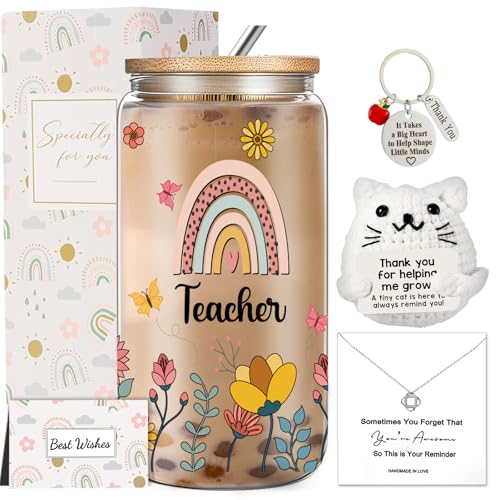 DHQH Teacher Appreciation Gifts, Teacher Gifts for Women, Thank You Gift Ideas with 16OZ Glass Cup Positive Cat Crochet