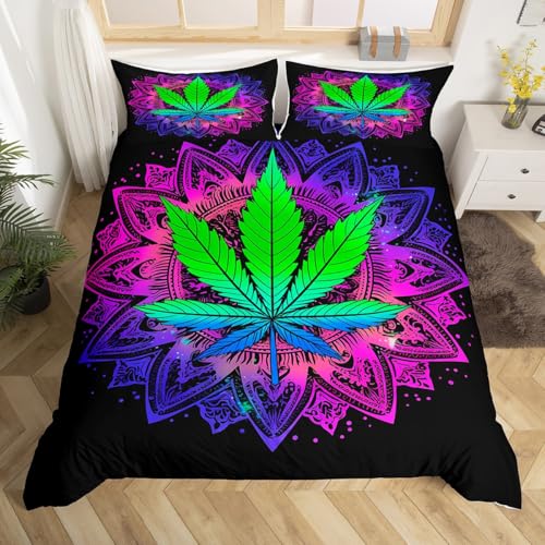 Marijuana Leaf Comforter Cover Twin Size Green Cannabis Leaves Bedding Set Boho Blue Purple Mandala Printed Duvet Cover Marijuana Weed Leaf Bedspread Bohemian Exotic Trippy Leaves Plants Quilt Cover