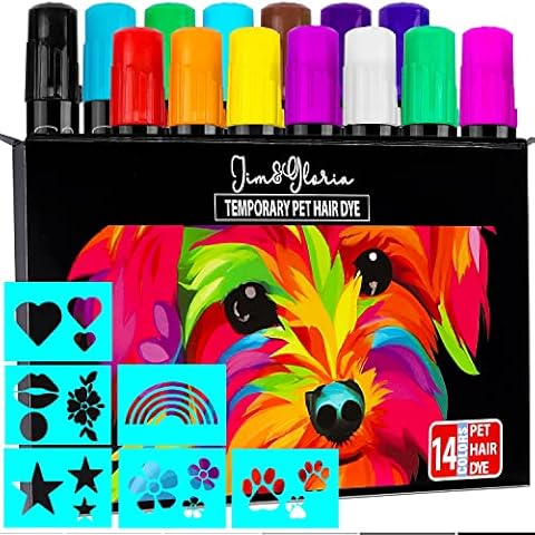 Jim&Gloria Washable Pet Hair Dye with Stencils, Temporary Fur Color Chalk Painting Pens, Party Gift Grooming Boy Girl Dog Accessories Kit, Farm Animal Marking Paint for Cattle Horses – 14 Markers Cover