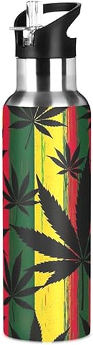 Miniatura 1 de BPA-Free Sports Water Bottle with Straw 20 Oz, Stainless Steel Water Bottle for Gym Outdoor Travel School, Black Leaves Colorful Stripes