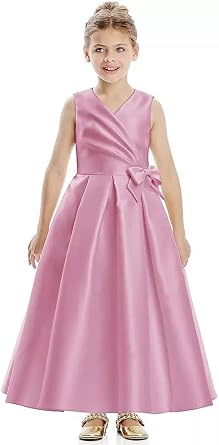 Satin Flower Girl Dresses for Wedding Floor Length Bow-Knot Pageant Dress Princess First Communion Dresses for Girls