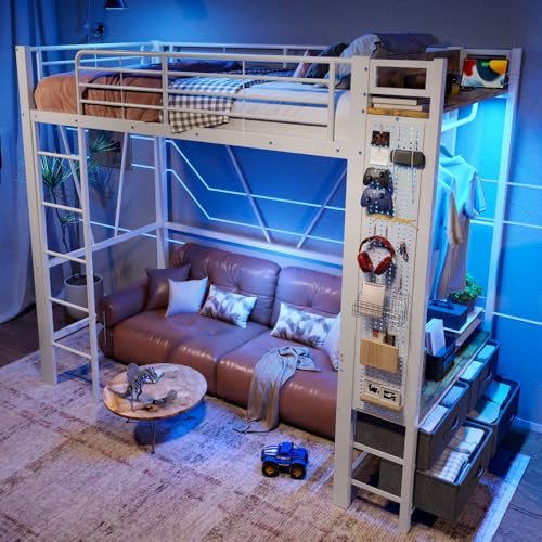 Wyibwy Letto a soppalco 90 x 200 cm con stendibiancheria, ripiani, 4 cassetti, prese USB + TYPE-C, striscia luminosa a LED, letto a soppalco per bambini con pannello forato, struttura in ferro, bianco