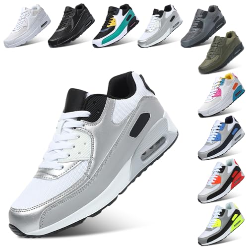 PADGENE Femme Homme Baskets Mode Chaussures Sport Course Sneakers Fitness Gym athlétique Multisports Outdoor Casual, Argent, 42 EU