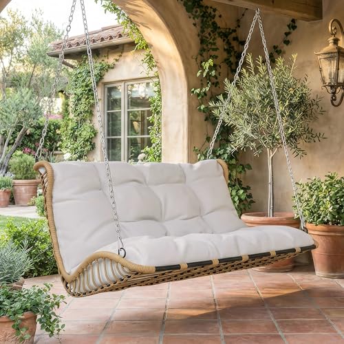 Merax PE-Rattan Schaukel-Doppelsitz Hängeschaukel für Garten mit abnehmbaren & waschbaren Kissen Outdoor-Schaukel mit Ketten beige