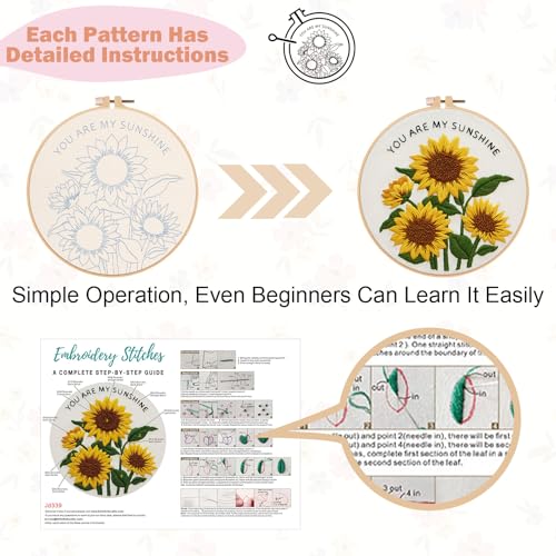 Image of Nuberlic 3 Pack Embroidery Kit for Beginners, Floral Cross Stitch Kit | Beginner Friendly Complete Embroidery Kit With Pre Printed Fabric And Premium Threads