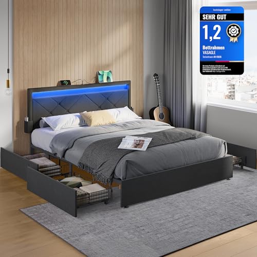 VASAGLE Doppelbettgestell, Bettgestell, 160 x 200 cm, LED, Metallbett, 4 Schubladen, Ladestation, verstellbares gepolstertes Kopfteil, schiefergrau-Mattschwarz RMB828G02