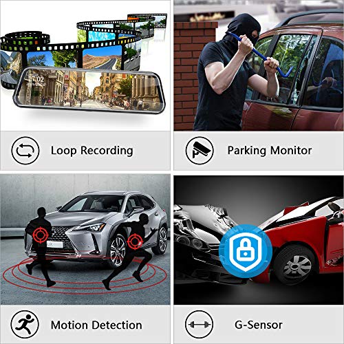 Upgraded 10'' Rear View Mirror Camera Mirror Dash Cam Front and Rear 1080P Backup Camera Full Touch Screen w Loop Recording, G-Sensor Night Vision 170° Wide Angle