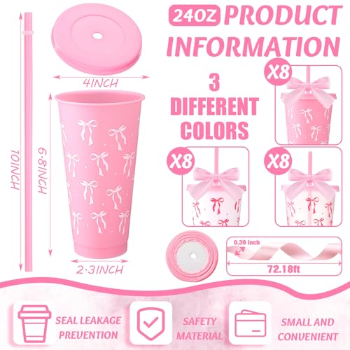 Skylety 24 Pcs Pink Bow Plastic Cups with Lid Straw and Ribbon by Skylety - Used condition - Image 2