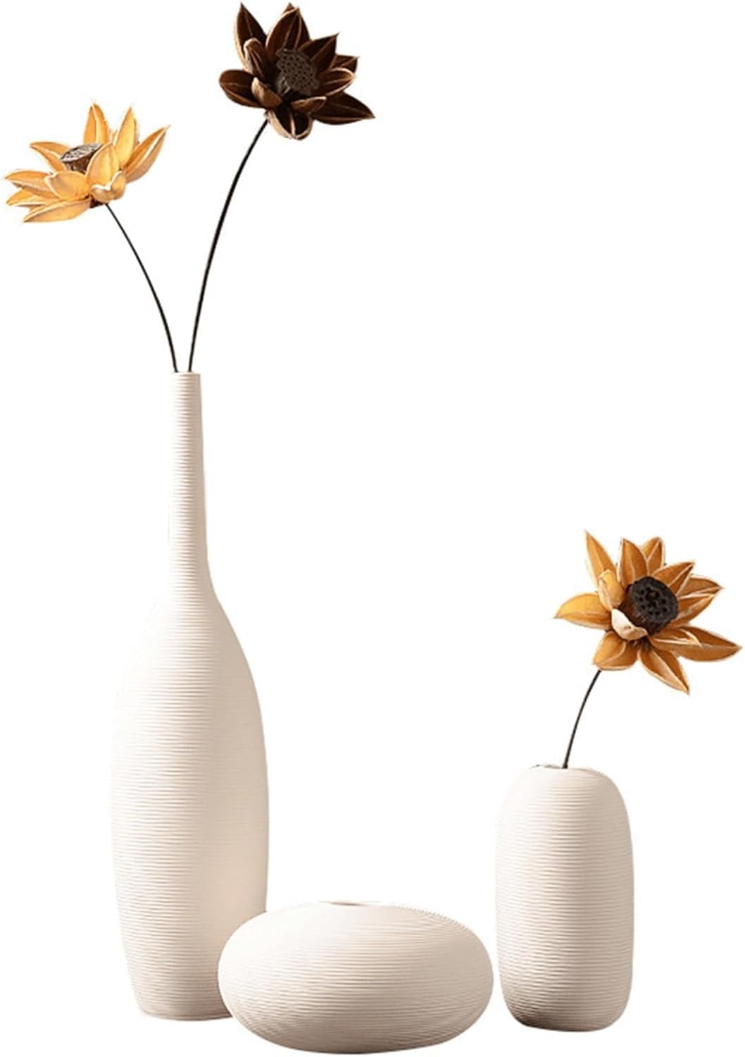 3 jarrones de cerámica de tres piezas con decoraciones florales secas, jarrón de cerámica blanco moderno, pequeños jarrones de cuello estrecho, jarrones de cerámica decorativos, chimenea,