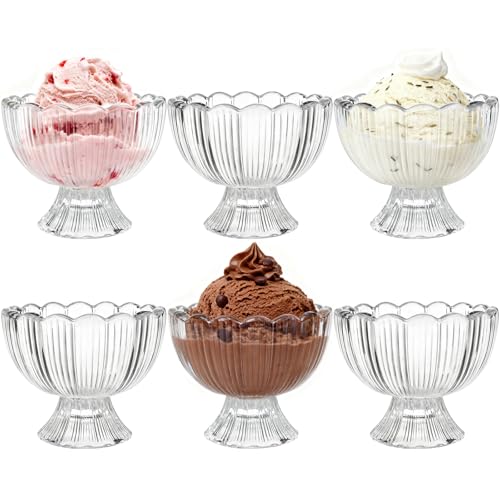 Yeelua Glass Dessert Bowls Ice Cream Sundae Cups Set of 6 Prawn Cocktail Glasses Wide Bowl Dessert Cups Dessert Sundae Cocktail Dishes Mini Glass Fruit Serving Dishes with Footed