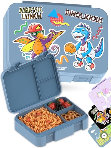 Image of BEARFOOT Kids Lunch Box with Compartments - Compact & Lightweight | Leak-Proof, BPA-Free, Dishwasher Safe | Hand-Drawn Design for Preschool, School, Travel (Dinos Blue, 4 Cups) | BPA Free Leakproof Lunch Box with Compartments School & Nursery for Girls & Boys Lightweight & Compact