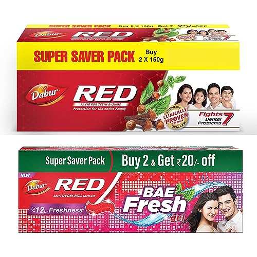 Image of Dabur Red Paste 300g & Dabur Red Bae Fresh Gel - 300g (150g*2) | Fights Bad Breath, Cavity Germs and Plaque | Supersaver Combo Pack
